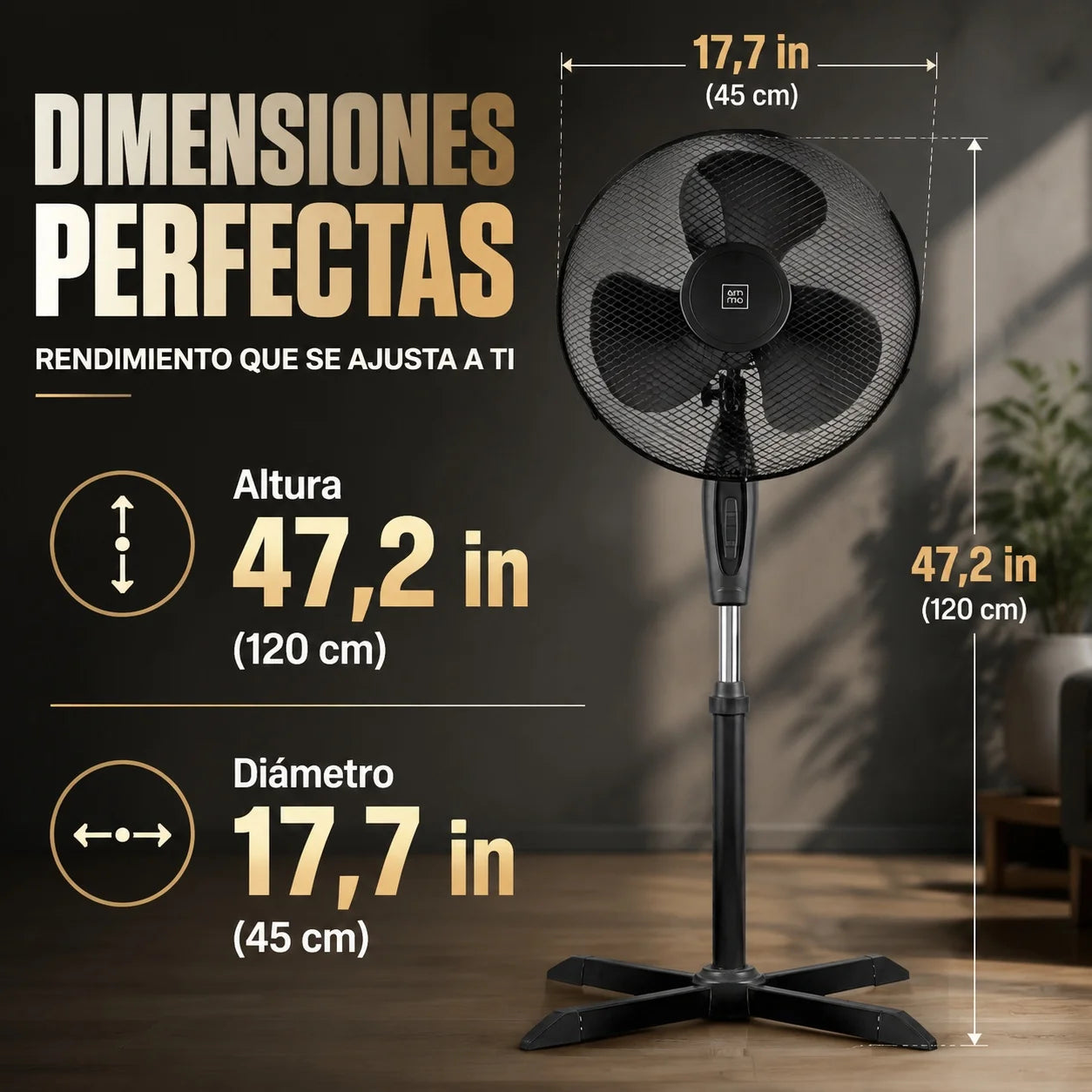 Black Vertical Fan 45cm Diameter Adjustable Height 3 Speeds Silent Stable Pentagonal Base Plug-In Fan Home Living Room Bedroom Terrace