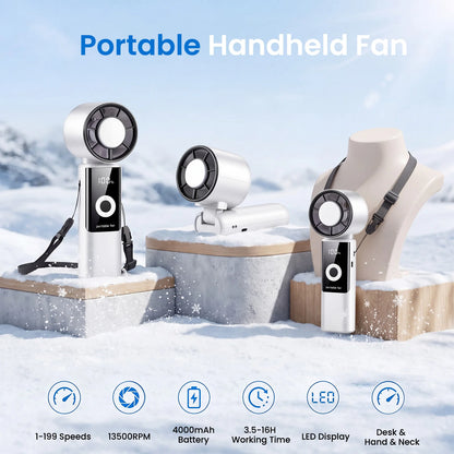 WOWDSGN Portable Handheld Fan, High Speed Turbo Hand Held Fan with Speed (1-199) 4000mAh Battery Up to 16hrs, Rechargeable Mini Hand Fan with LED Display, Foldable Portable Fan for Home Outdoor
