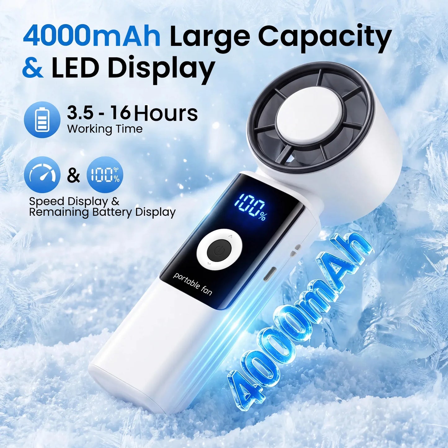 WOWDSGN Portable Handheld Fan, High Speed Turbo Hand Held Fan with Speed (1-199) 4000mAh Battery Up to 16hrs, Rechargeable Mini Hand Fan with LED Display, Foldable Portable Fan for Home Outdoor
