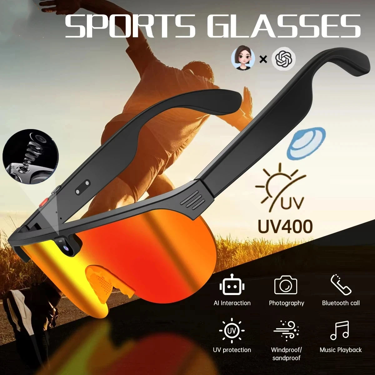 AI Smart HD 800W Camera Bluetooth Call Translation Video with Translation Sunglasses Call Music HD Color Change Sports Glasses