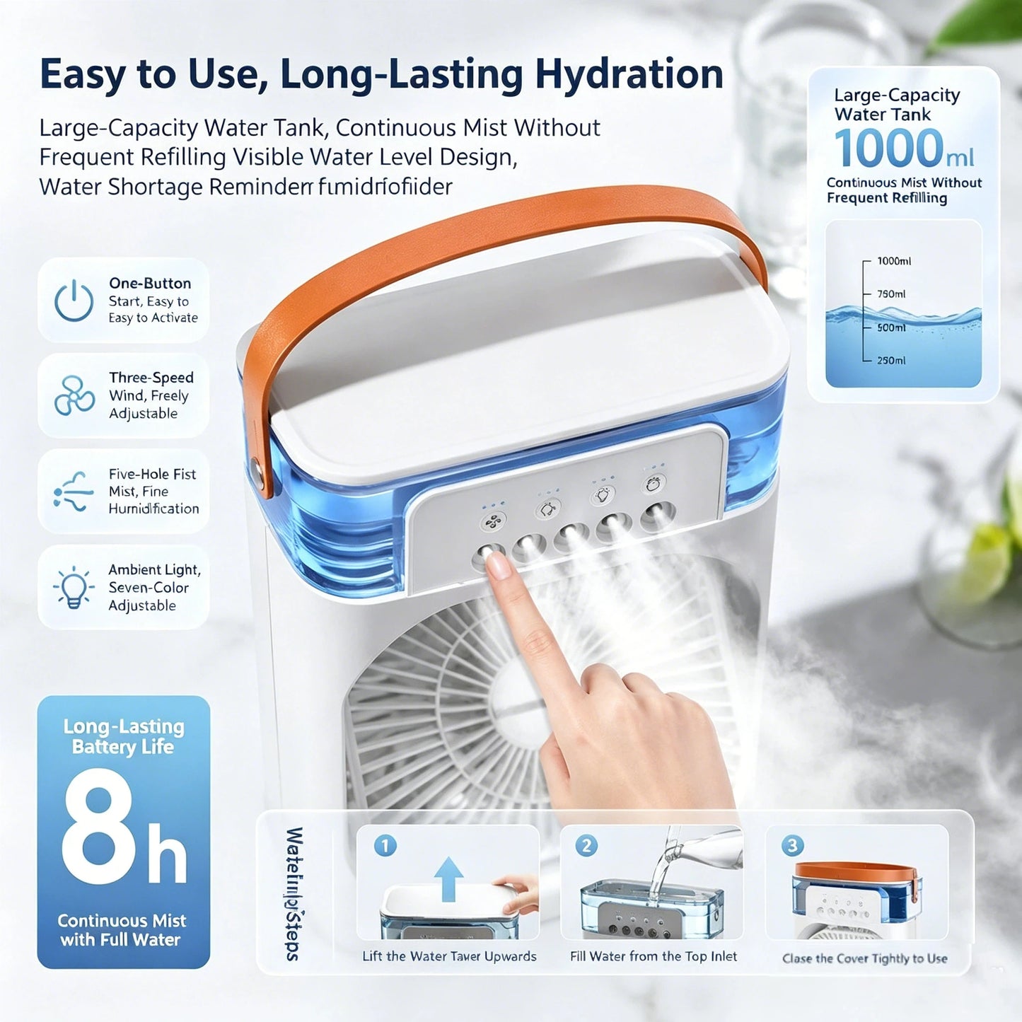 Lenovo USB Rechargeable Desktop Air Cooler with Mist Spray & LED Night Light