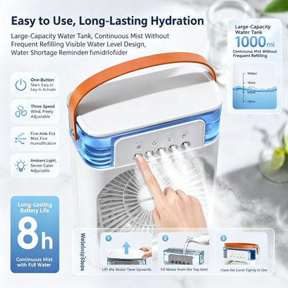 Lenovo USB Rechargeable Desktop Air Cooler with Mist Spray & LED Night Light