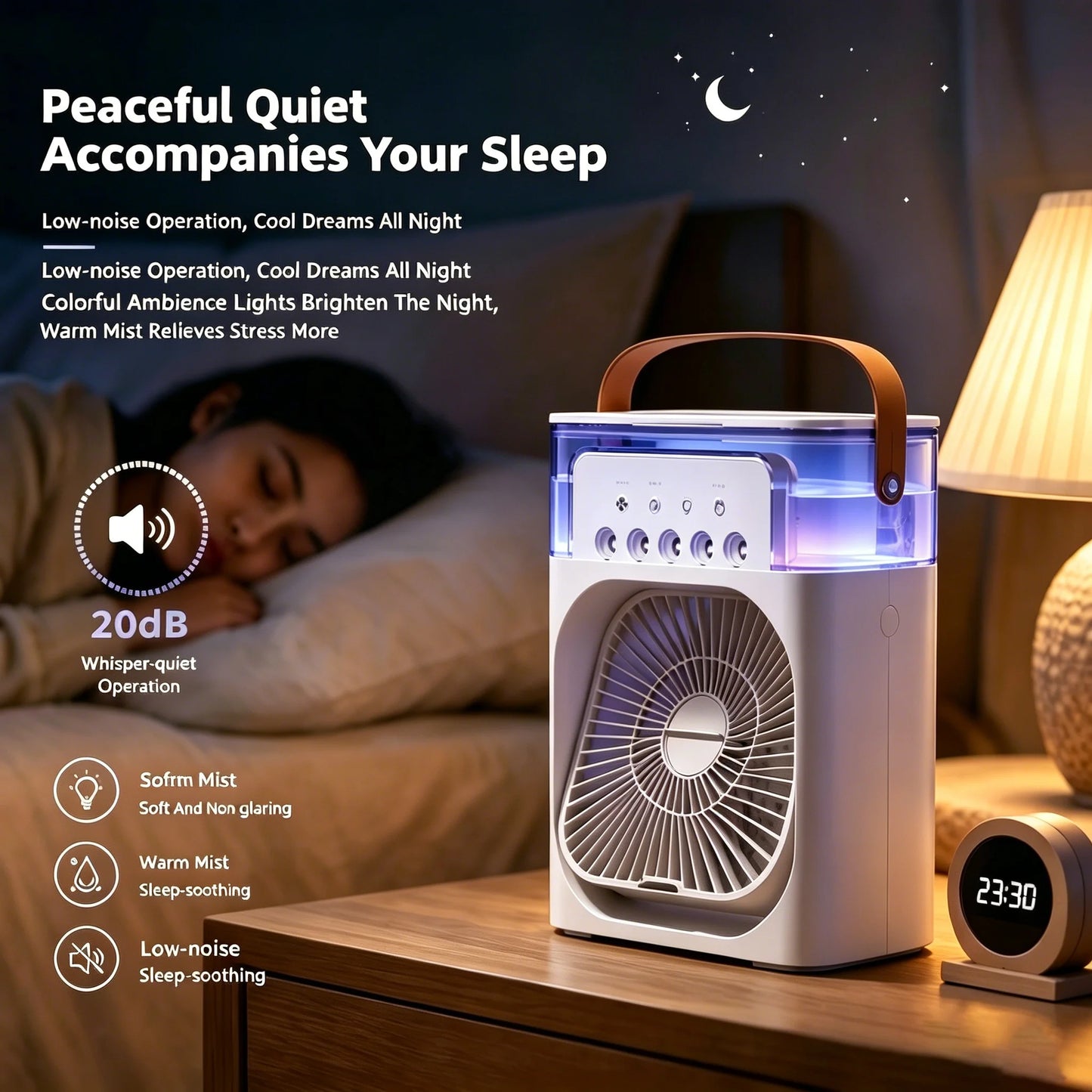 Lenovo USB Rechargeable Desktop Air Cooler with Mist Spray & LED Night Light