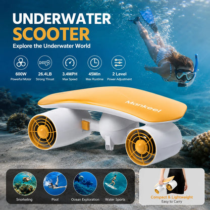 26.4LB Strong Thrust Underwater Scooter, 600W Motor 3.4MPH Speed, 45Min Runtime 2 Speed Modes, Portable Sea Dive Booster for Snorkeling Pool Ocean