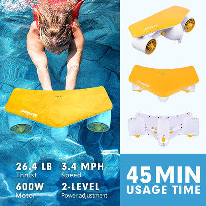 26.4LB Strong Thrust Underwater Scooter, 600W Motor 3.4MPH Speed, 45Min Runtime 2 Speed Modes, Portable Sea Dive Booster for Snorkeling Pool Ocean